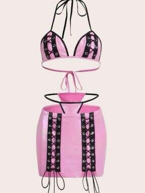2pc Iridescent Shimmery Pink Bra & G-string Skirt  W/Black Lace Up Detail (M/L)